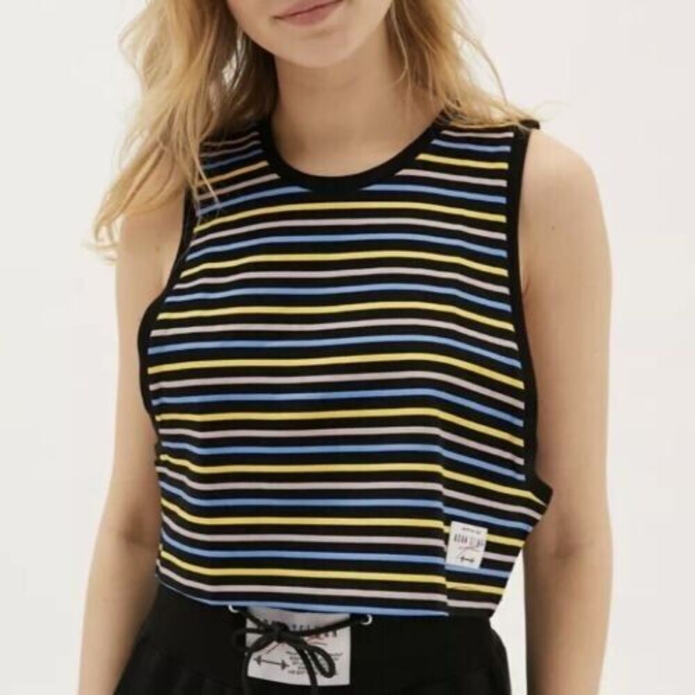 Adam Selman Sport Cropped Low-side Muscle Tank Top Blue Yellow Stripe S NWT 98